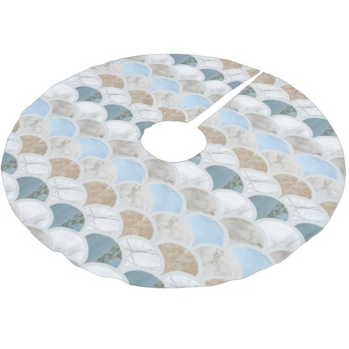 beach aqua blue white marble pastel mermaid scales brushed polyester tree skirt