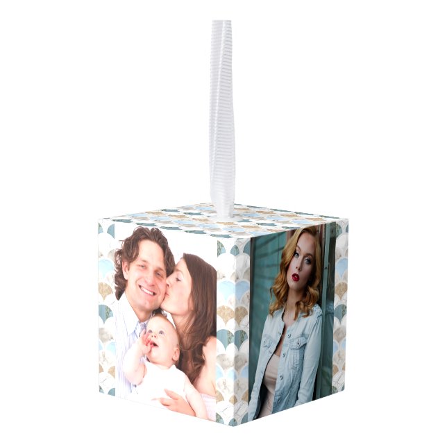 beach aqua blue white marble pastel mermaid scales cube ornament (Back Angled)