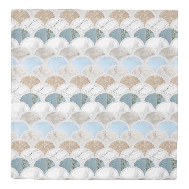 beach aqua blue white marble pastel mermaid scales duvet cover (Front)