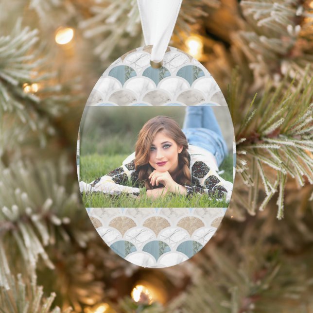 beach aqua blue white marble pastel mermaid scales ornament (Tree)