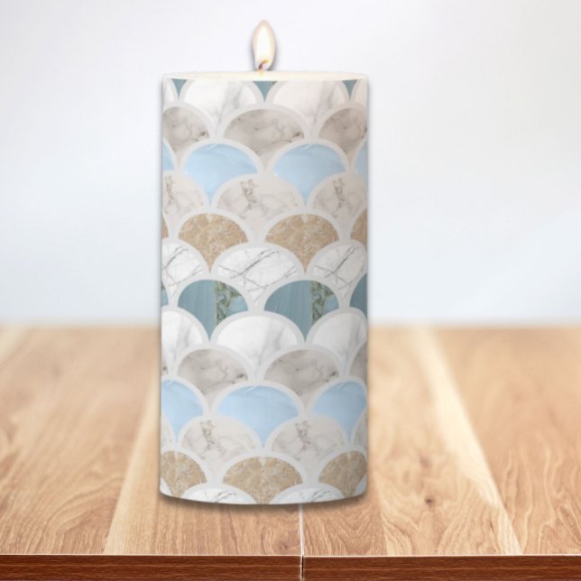 beach aqua blue white marble pastel mermaid scales pillar candle (beach aqua blue white marble pastel mermaid scales pillar candle)