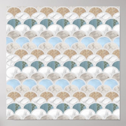 beach aqua blue white marble pastel mermaid scales poster