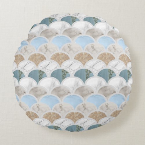 beach aqua blue white marble pastel mermaid scales round pillow