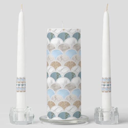 beach aqua blue white marble pastel mermaid scales unity candle set