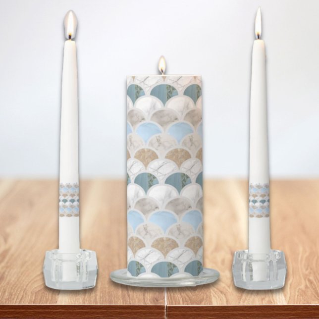 beach aqua blue white marble pastel mermaid scales unity candle set (beach aqua blue white marble pastel mermaid scales unity candle set)