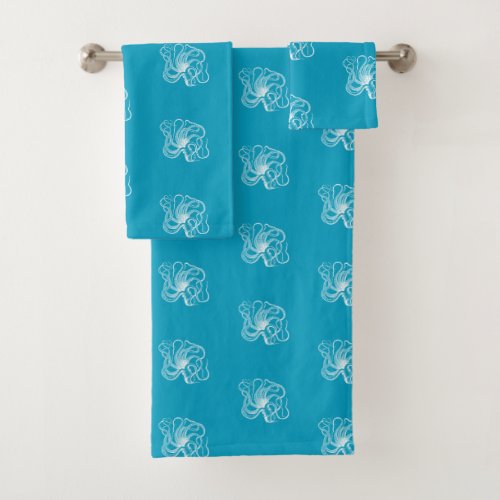 Beach Aqua Blue White Ocean Octopus Bath Towel Set