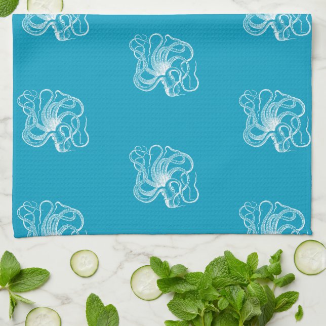 Beach Aqua Blue White Ocean Octopus Kitchen Towel (Folded)