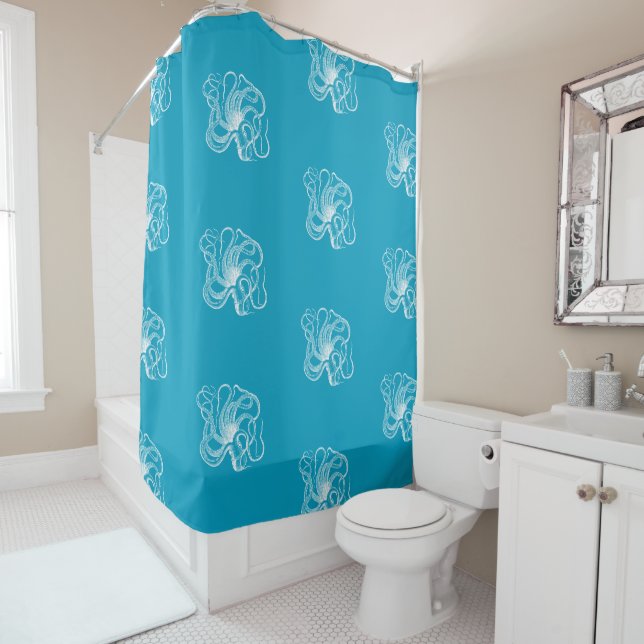 Beach Aqua Blue White Ocean Octopus Shower Curtain (In Situ)