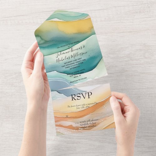 Beach Aqua Green Ocean Cream Sand Wedding All In One Invitation