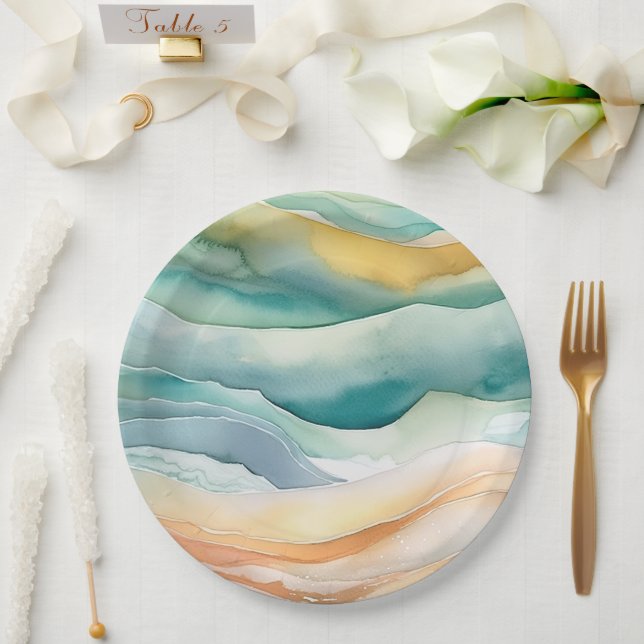 Beach Aqua Green Ocean Cream Sand Wedding Paper Plates (Wedding)