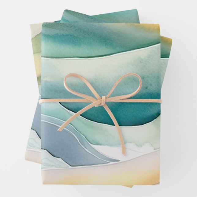 Beach Aqua Green Ocean Cream Sand Wedding Wrapping Paper Sheets (In situ)