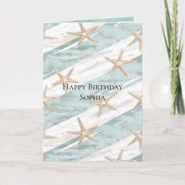 Beach Aqua Mint Starfish Stripes Birthday Card (Front)