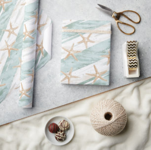 Beach Aqua Mint Starfish Stripes Birthday Wrapping Paper