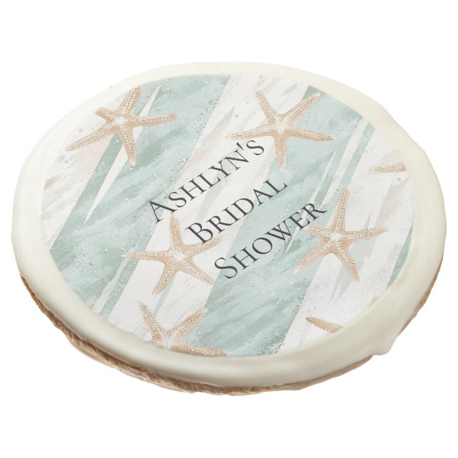 Beach Aqua Mint Starfish Stripes Bridal Shower Sugar Cookie (Angled)