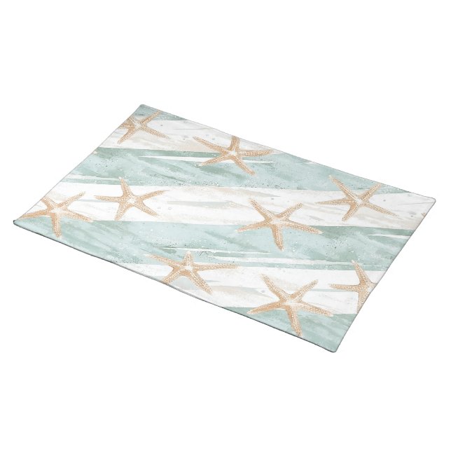 Beach Aqua Mint Starfish Stripes   Cloth Placemat (On Table)