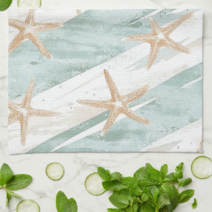 Beach Aqua Mint Starfish Stripes Kitchen Towel