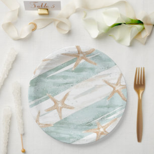 Beach Aqua Mint Starfish Stripes Wedding Paper Plates