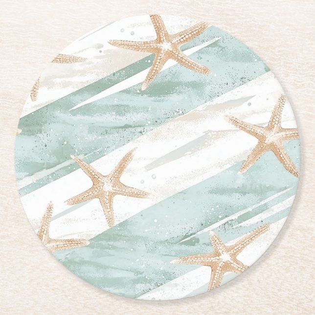 Beach Aqua Mint Starfish Stripes Wedding Round Paper Coaster (Front)