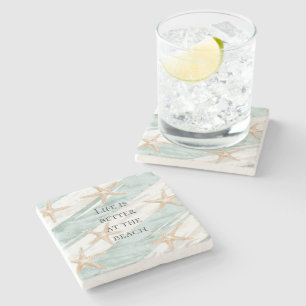 Beach Aqua Mint Starfish Stripes Wedding Stone Coaster