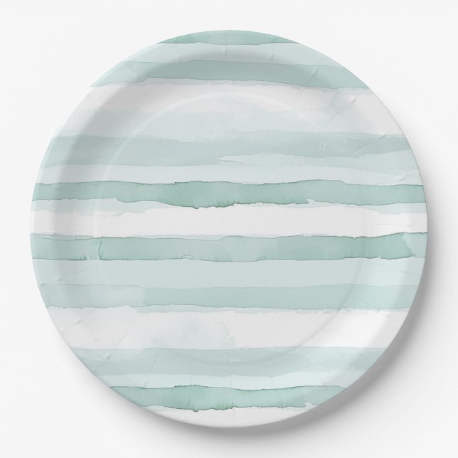 Beach Aqua Mint Stripes Birthday Paper Plates (Front)