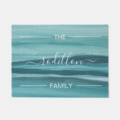 Beach aqua watercolor Script Family Name  Doormat