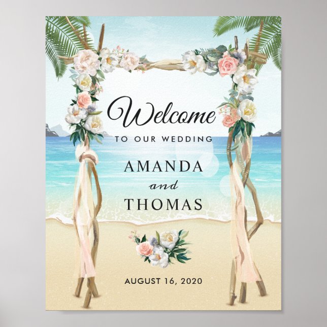 Beach Arbor Floral Tropical Wedding Arch Sign (Front)