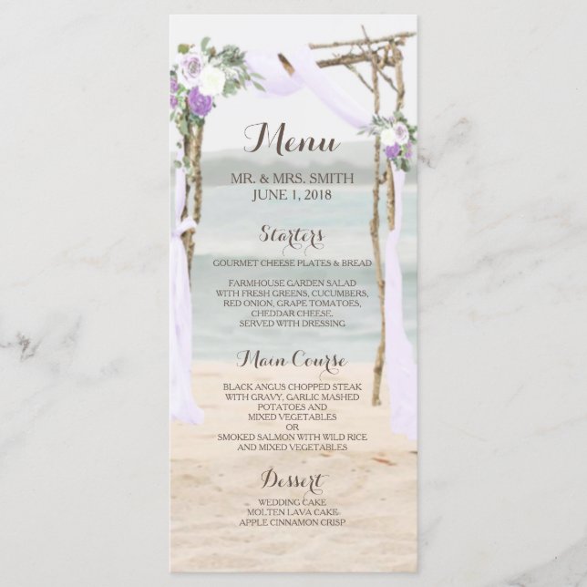 Beach Arbor Lavender Wedding Menu Card (Front)