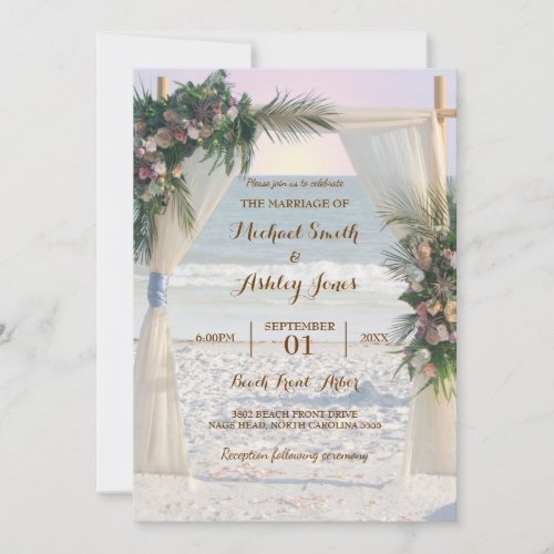 Beach Arbor Rose Tropical Leaves Sunset Wedding Invitation