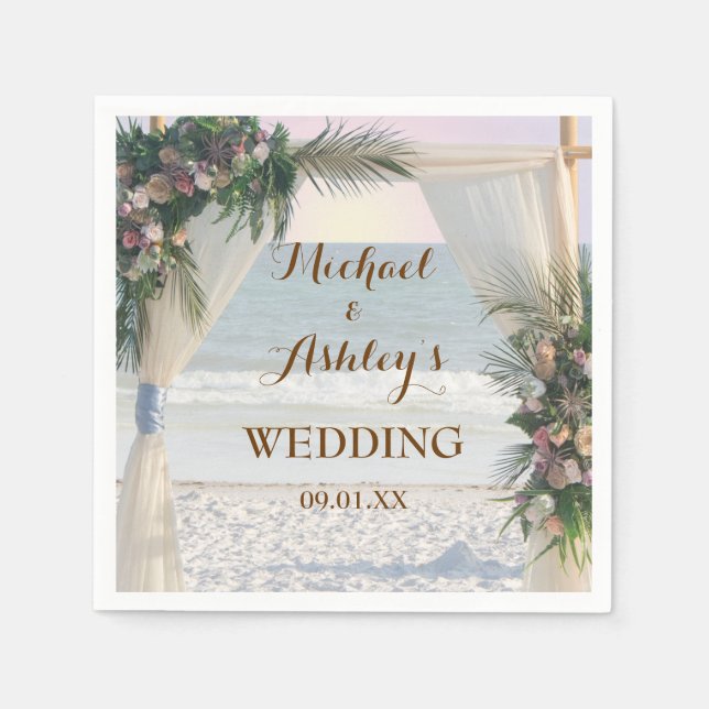 Beach Arbor Rose Tropical Leaves Sunset Wedding Napkins (Front)