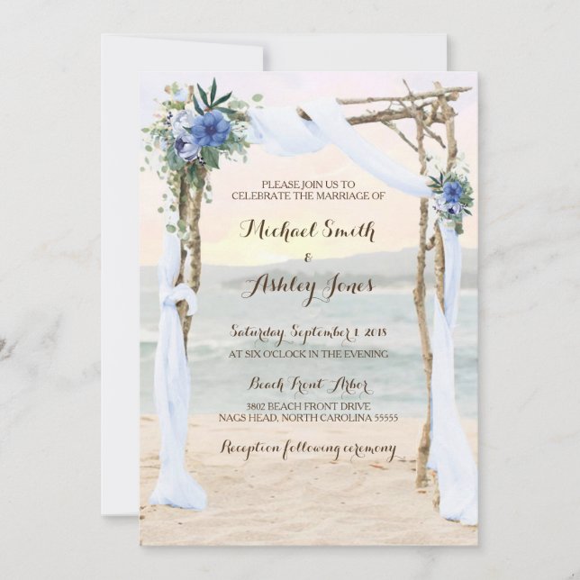 Beach Arbor Sunset Blue Orchid Wedding Invitation (Front)