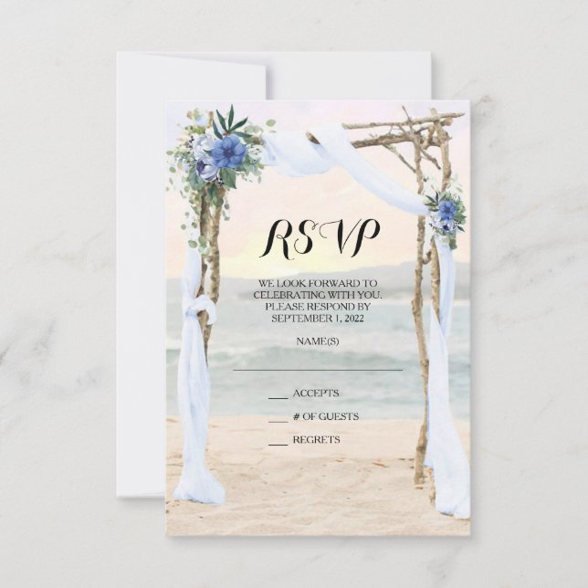 Beach Arbor Sunset Blue Orchid Wedding RSVP Card (Front)