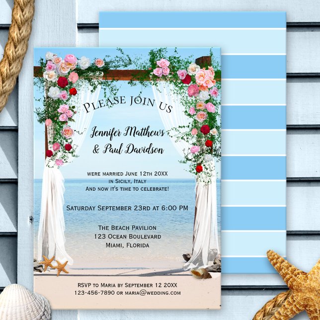 Beach Arbor with Roses Post Wedding Invitation (After wedding elopement party invitation featuring an image of an arbor with roses at the beach)