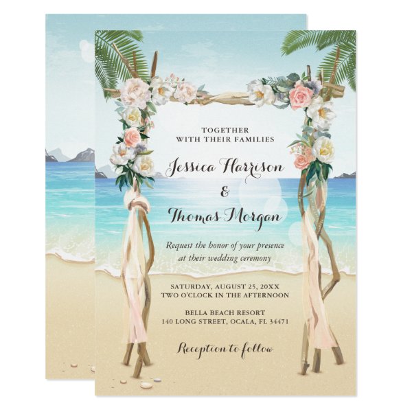 256543490559889469 Beach Arbor Wood Arch Floral Tropical Wedding Invitation