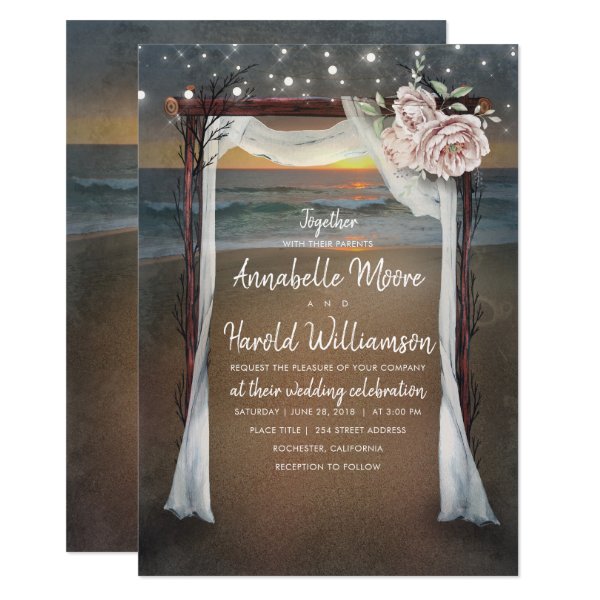 256114017818392810 Beach Arch | Sea Sunset | String Lights Wedding Invitation