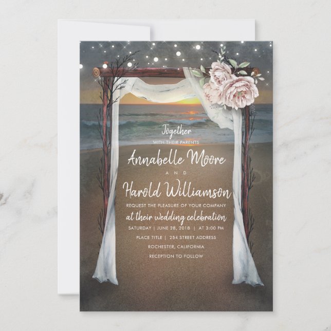Beach Arch | Sea Sunset | String Lights Wedding Invitation (Front)