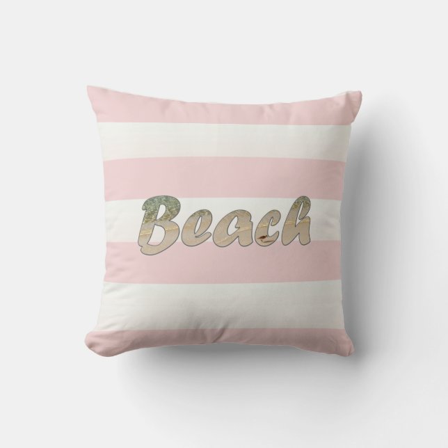 Beach Art Pink Cabana Stripe Throw Pillow (Front)