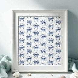 Beach Art Watercolor Coastal Blue Crab Pattern Poster