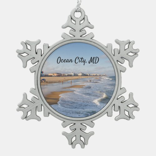 Beach at Ocean City Maryland Snowflake Pewter Christmas Ornament