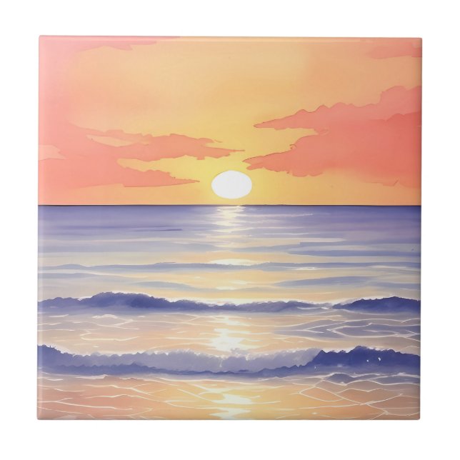 Beach at Sunset Ocean Wave Watercolor Painting Ceramic Tile (Front)