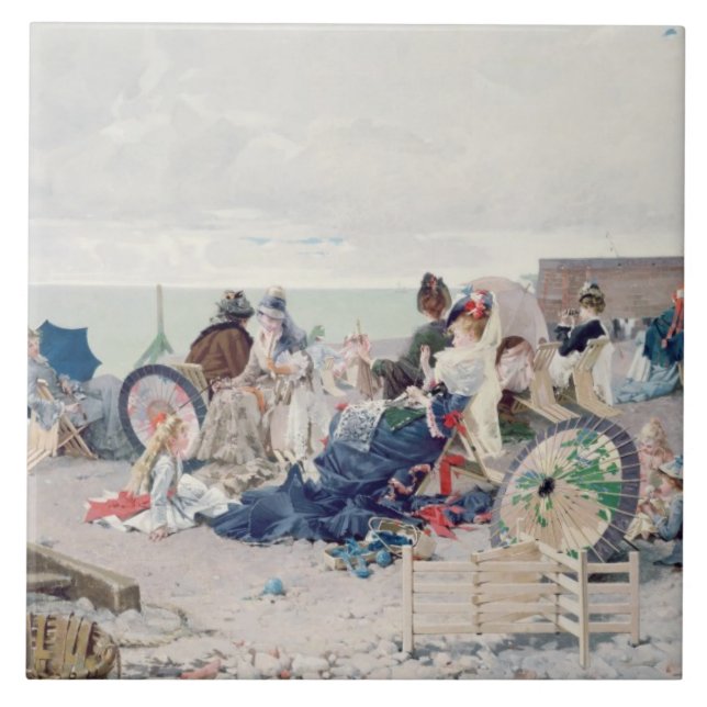 Beach at Yport, 1878 (oil on canvas) Tile (Front)