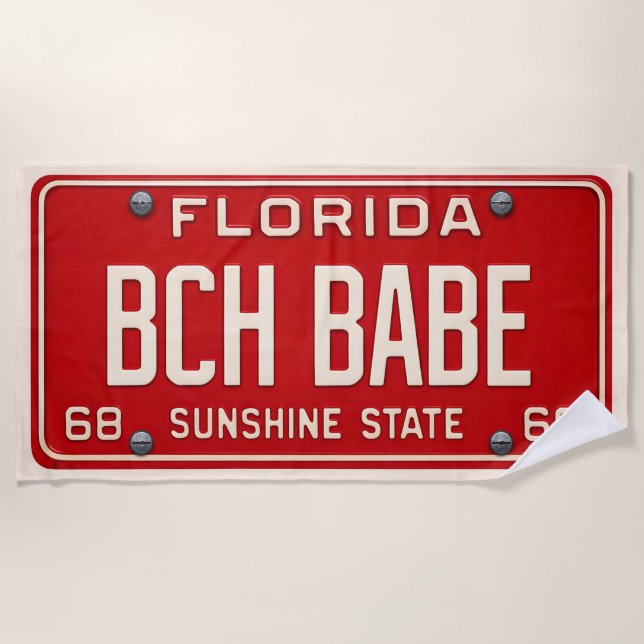 Beach Babe 1969 | Red Retro Florida License Plate Towel (Front)