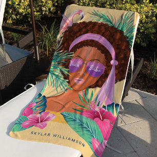 Beach Babe African Beauty Tropical Palm & Flamingo Beach Towel