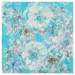 BEACH BABE Aqua Watercolor Floral Fabric