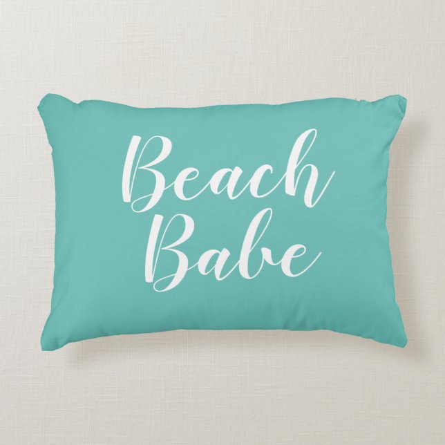 Beach Babe Beach Life Turquoise Script Accent Pillow (Front)