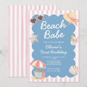 Beach Babe Coastal Beach 1st birthday Invitation