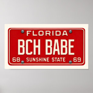 Beach Babe   Coastal Retro Florida License Plate Poster