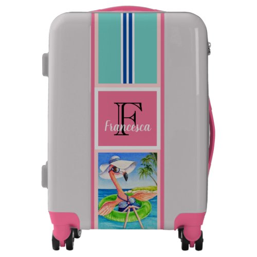 Beach Babe Flamingo No 3 Watercolor Art Monogram Luggage