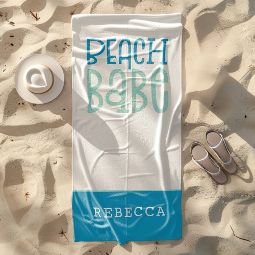 Beach Babe Funky Typography Name Teal White Beach Towel
