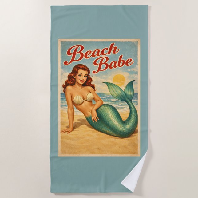 Beach Babe Pin-Up Mermaid -Retro Coastal Life Teal Beach Towel (Front)