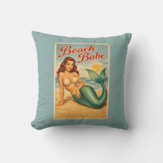 Beach Babe Pin-Up Mermaid -Retro Coastal Life Teal Throw Pillow (Front)
